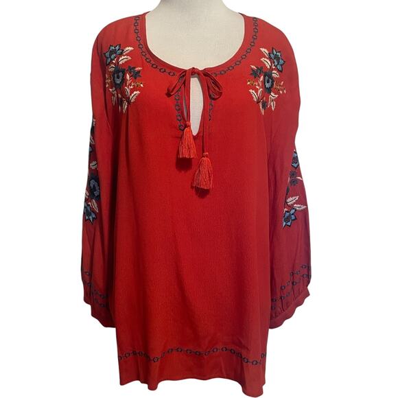 Garnet Hill Embroidered-Yoke Bishop-Sleeve Blouse Womens XL Rust Floral Boho Top - Picture 2 of 10